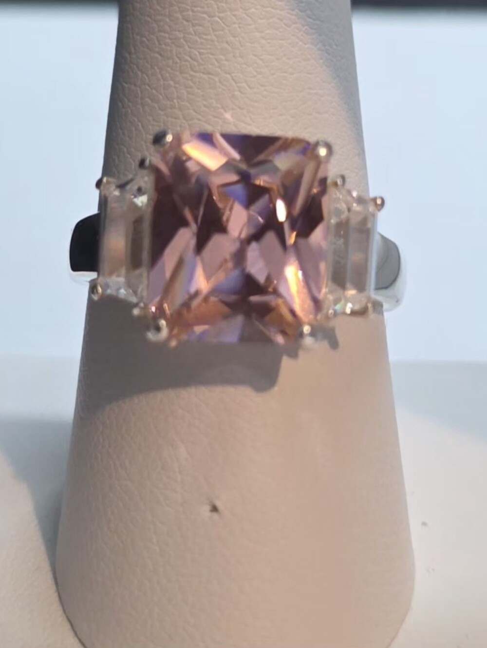 Sterling Silver Pink Square-Cut Stone Ring with Clear Side Stones